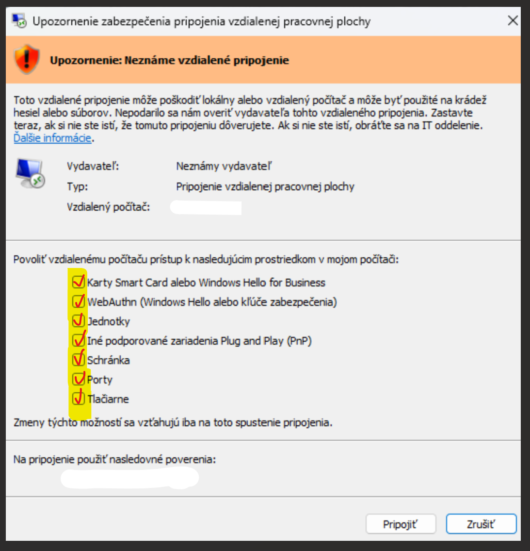 Pripojenie na server so zaškrtnutými voľbami