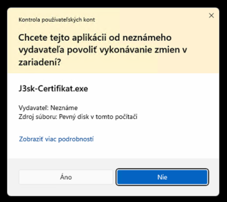 Spustenie J3sk-Certifikat.exe s potvrdením ÁNO